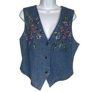 Vintage 80s Sunbelt Denim Vest Waistcoat Size M Blue Floral Handpainted